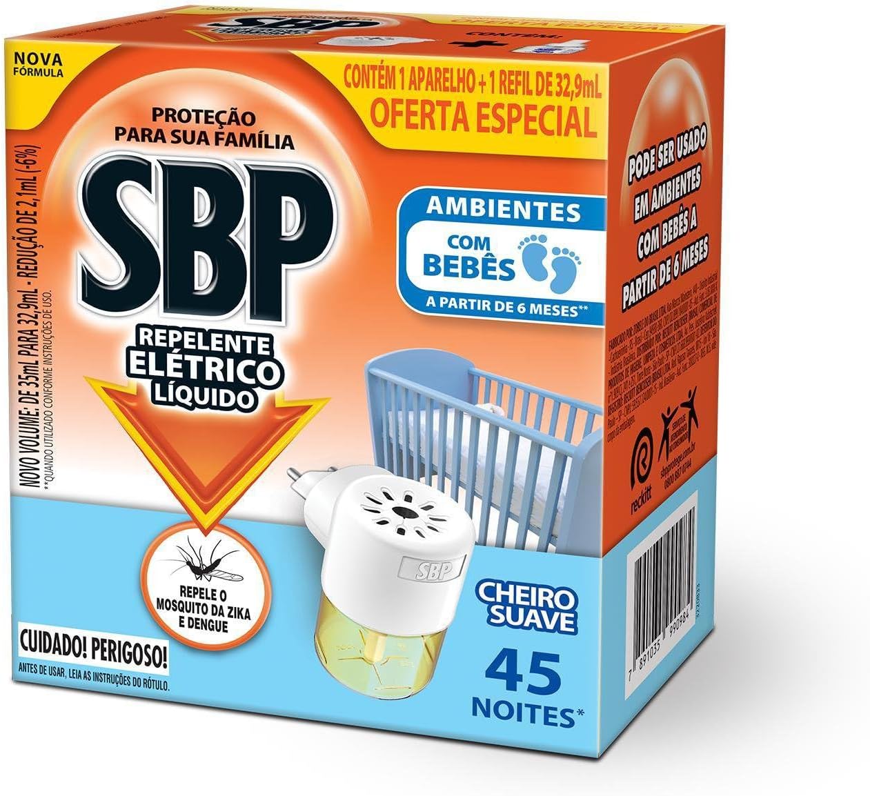 Repelente Elétrico Líquido SBP 45 Noites Cheiro Suave Novo Aparelho + Refil